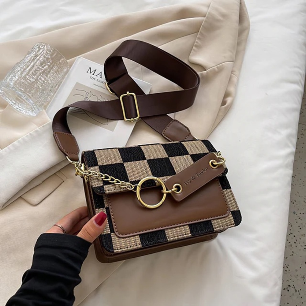 Ivy&Taylor The Paris checkered crossbody purse in coffee.